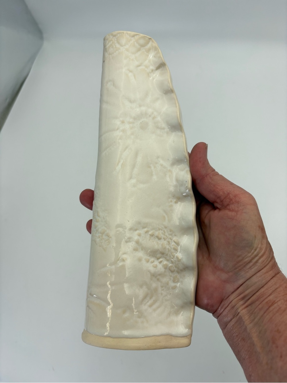 Signed Handmade Cream Ceramic Vase with Subtle Sun and Floral Texture
